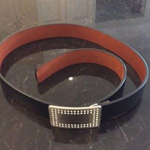 Black leather belt with rhinestone buckle